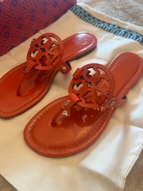Tory Burch Orange Patent Logo Thong Sandals